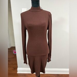 Women's Brown Ribbed Long-Sleeve Mock Neck Dress